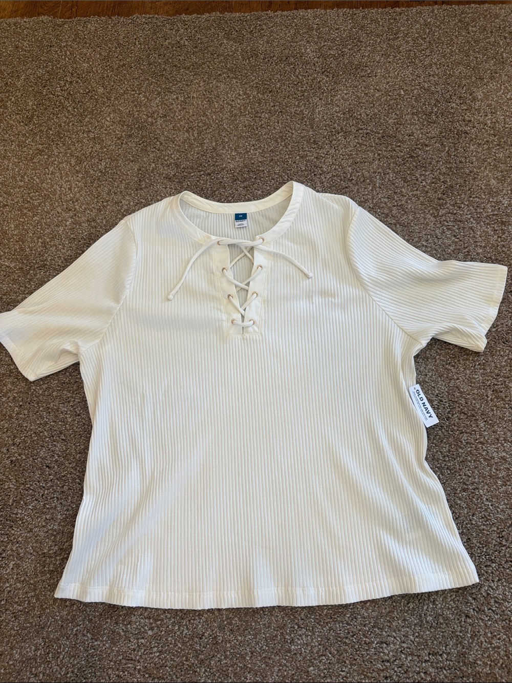 Old Navy Cream Lace-Up Ribbed Short Sleeve Top